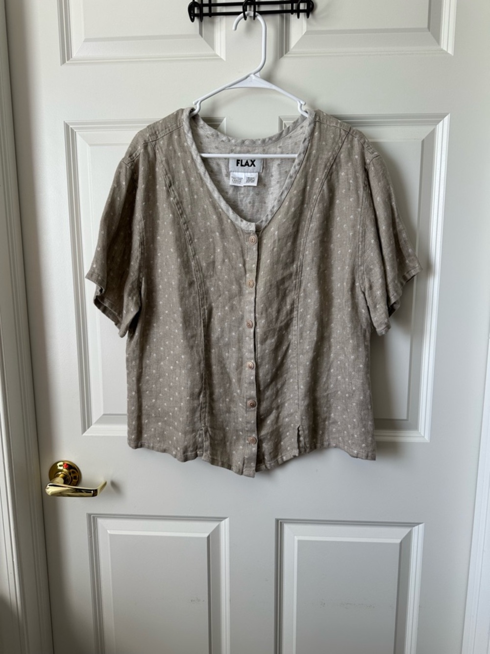 Flax Button Up Short Sleeve Top 100% Linen Polka Dot Tan Boxy Lagenlook Boho